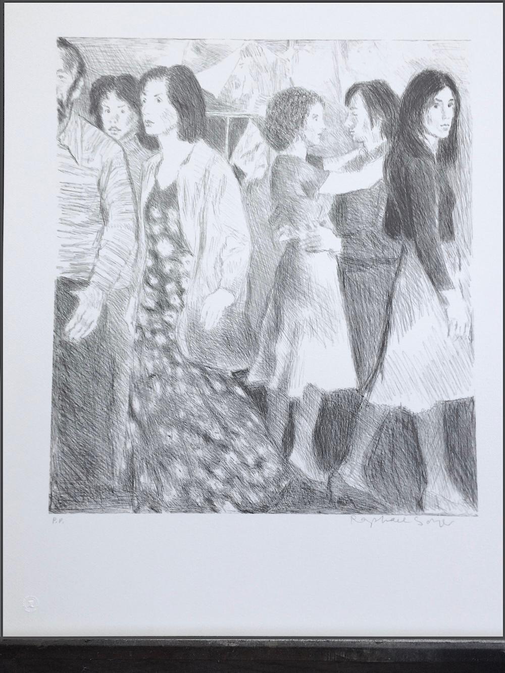 STREET SCENE Litografía firmada, NYC Crowd Portrait Pencil Drawing, A-Line Skirts en venta 3