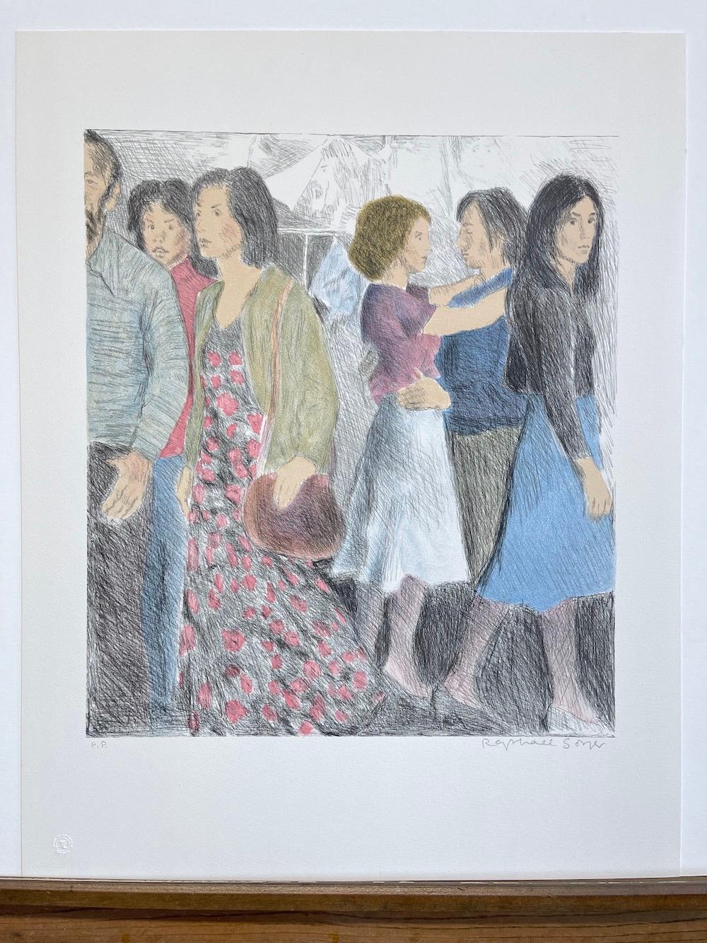 STREET SCENE Litografía firmada, NYC Crowd Portrait Pencil Drawing, A-Line Skirts en venta 4