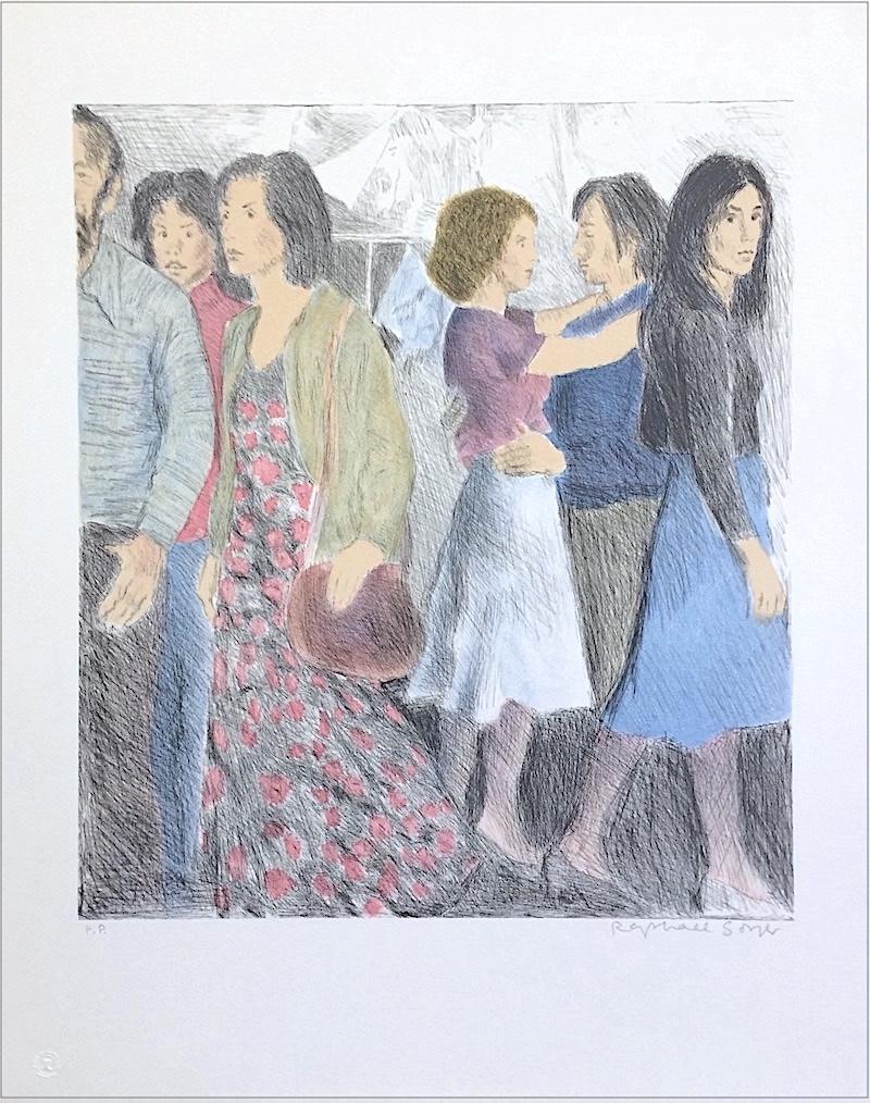 STREET SCENE Signed Lithograph, NYC Crowd Portrait Pencil Drawing, A-Line Skirts