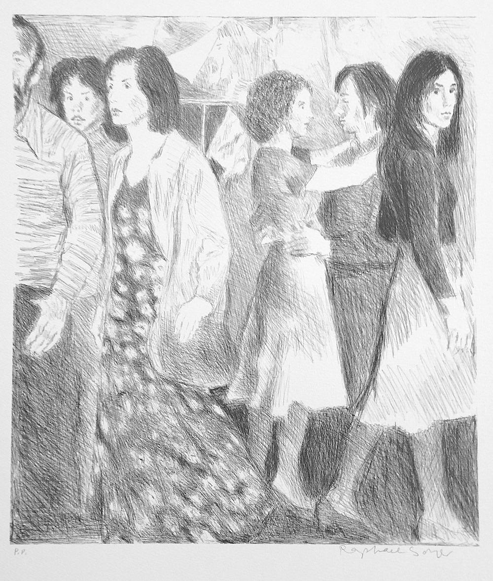 Figurative Print de Raphael Soyer - STREET SCENE Litografía firmada, NYC Crowd Portrait Pencil Drawing, A-Line Skirts