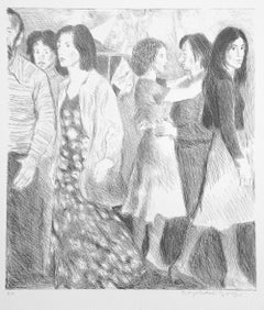 STREET SCENE Signed Lithograph, NYC Crowd Portrait Pencil Drawing, A-Line Skirts