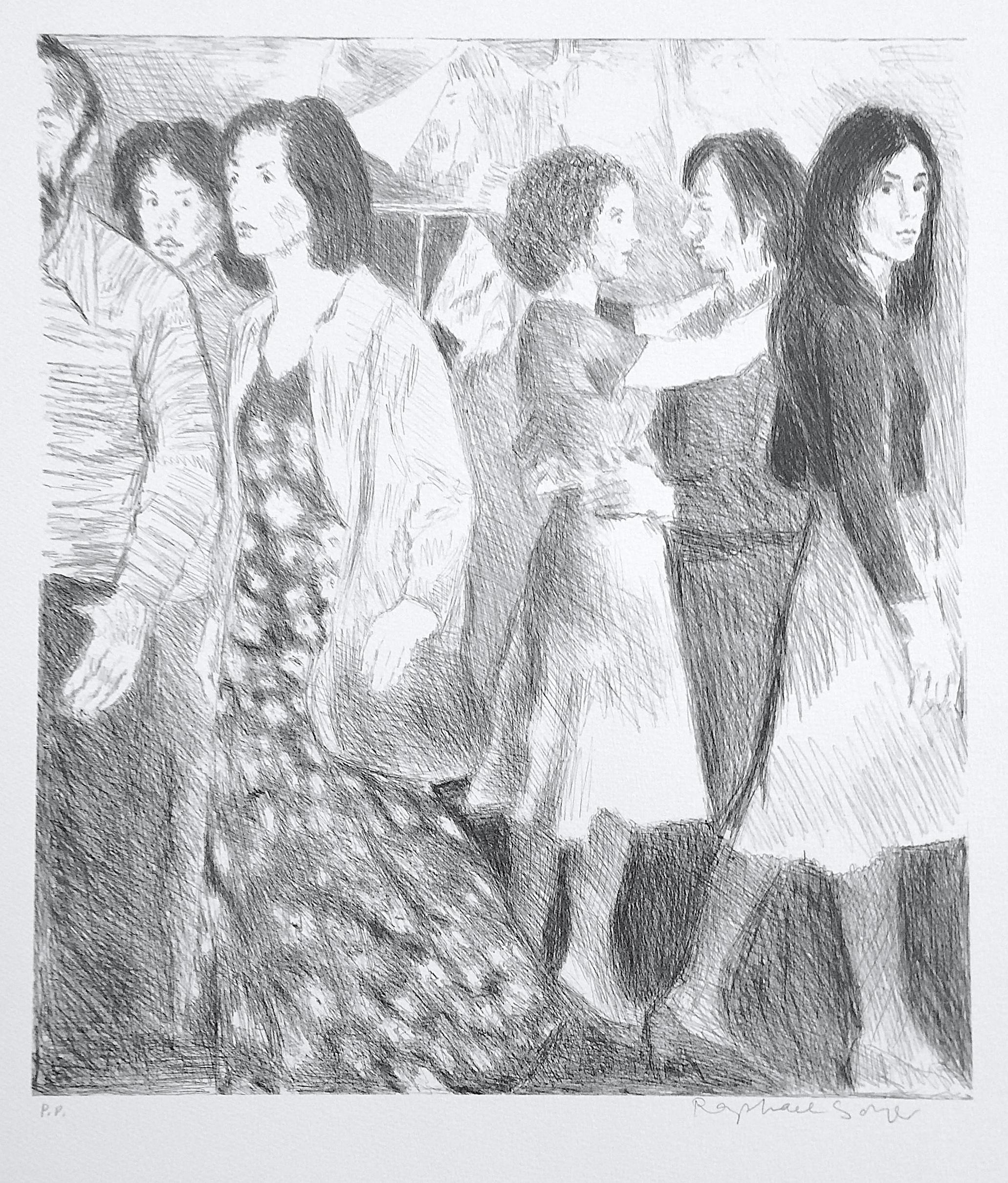 STREET SCENE Litografía firmada, NYC Crowd Portrait Pencil Drawing, A-Line Skirts