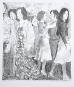 Raphael Soyer - STREET SCENE Litografia firmata, ritratto di folla di NYC, disegno a matita, gonne a ruota libera STREET SCENE Litografia firmata, ritratto di folla di NYC, disegno a matita, gonne a ruota libera