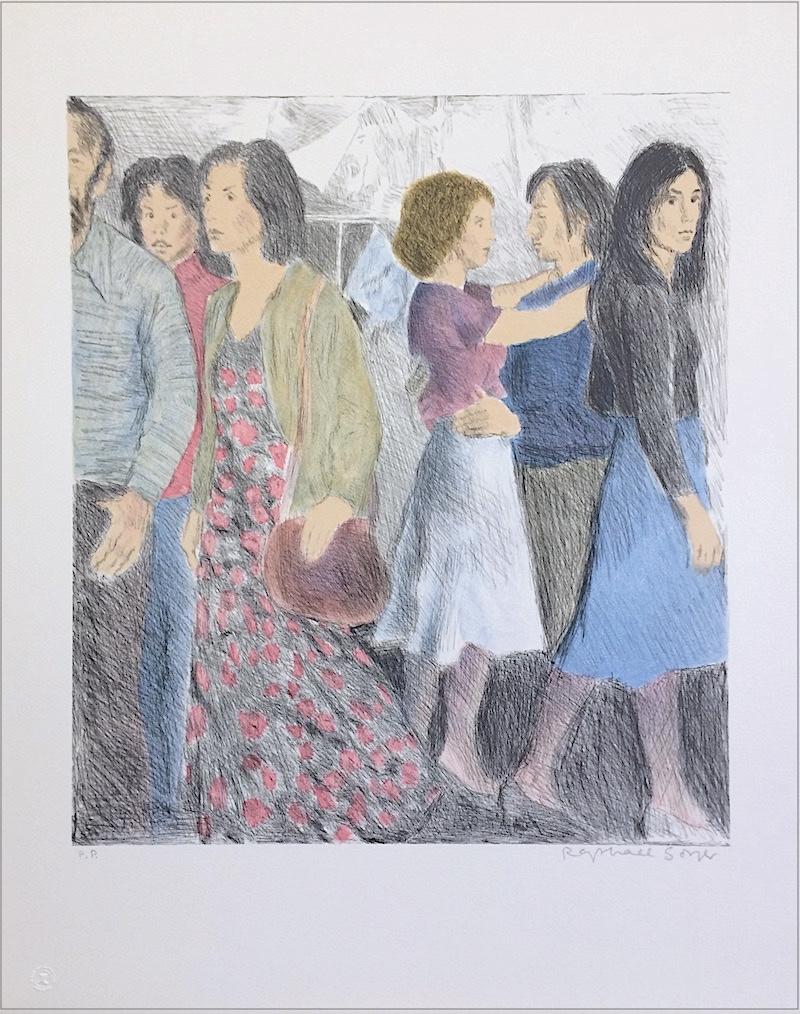 Raphael Soyer Print - STREET SCENE Signed Lithograph, NYC Crowd Portrait Pencil Drawing, A-Line Skirts