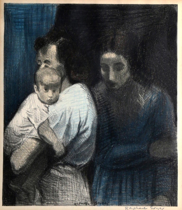 Artist: Raphael Soyer
Title: Two Women and Child
Year: circa 1950
Medium: Lithograph on paper, signed in pencil l.r.
Image Size: 11 x 9.5 in. (27.94 x 24.13 cm)
Frame Size: 20 x 17.5 inches

Reference: Fig. 68 in "Raphael Soyer Fifty Years of
