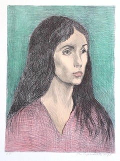 WOMAN LONG DARK HAIR Signed Lithograph 1979, Realist Portrait, Pink V-Neck