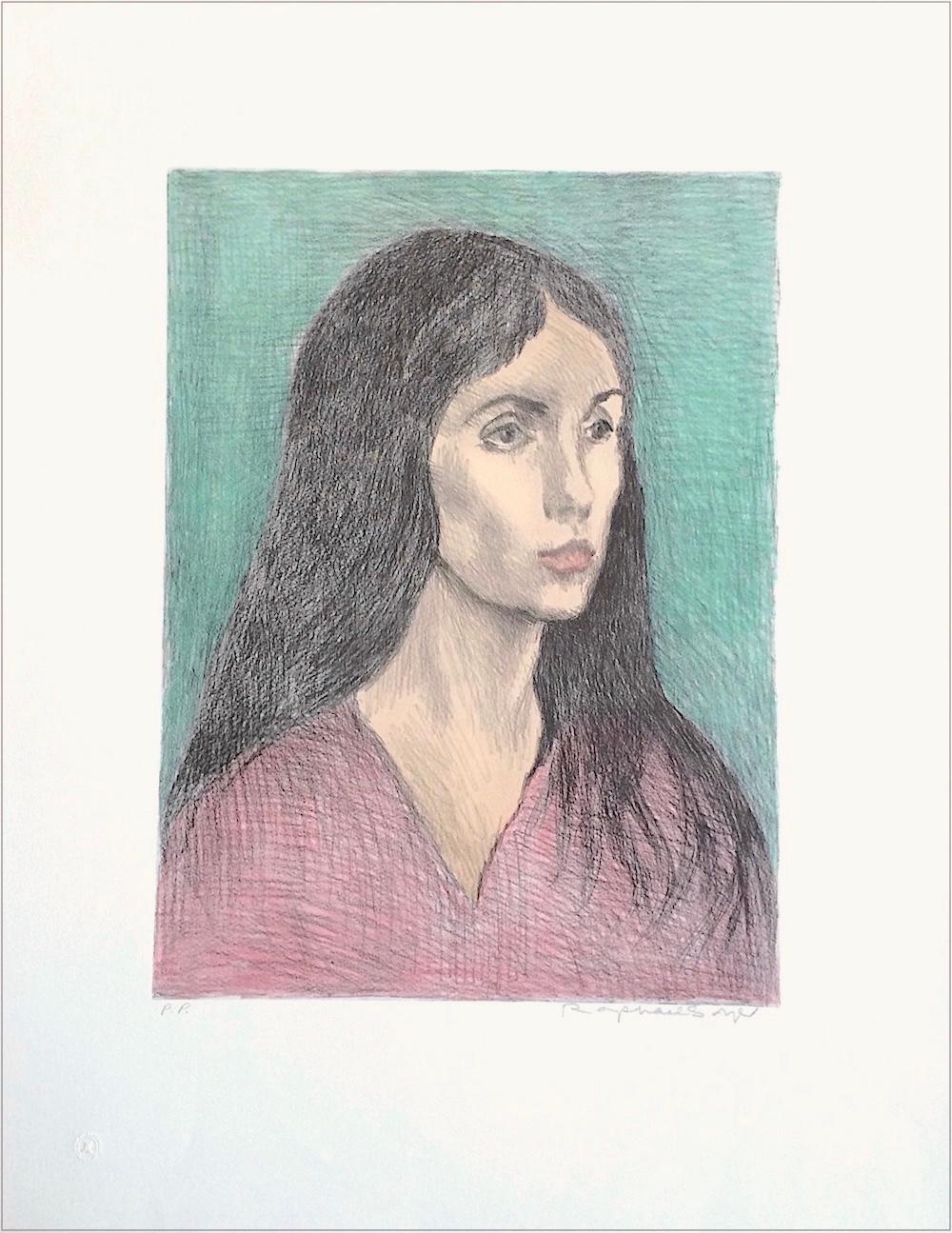 WOMAN LONG DARK HAIR Signierte Lithographie, Serious Young Woman, Rosa V-Ausschnitt