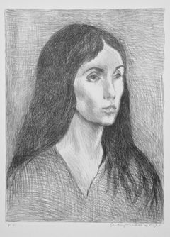 WOMAN LONG DARK HAIR Signed Lithograph, Female Portrait, V-Neck Top, Realism