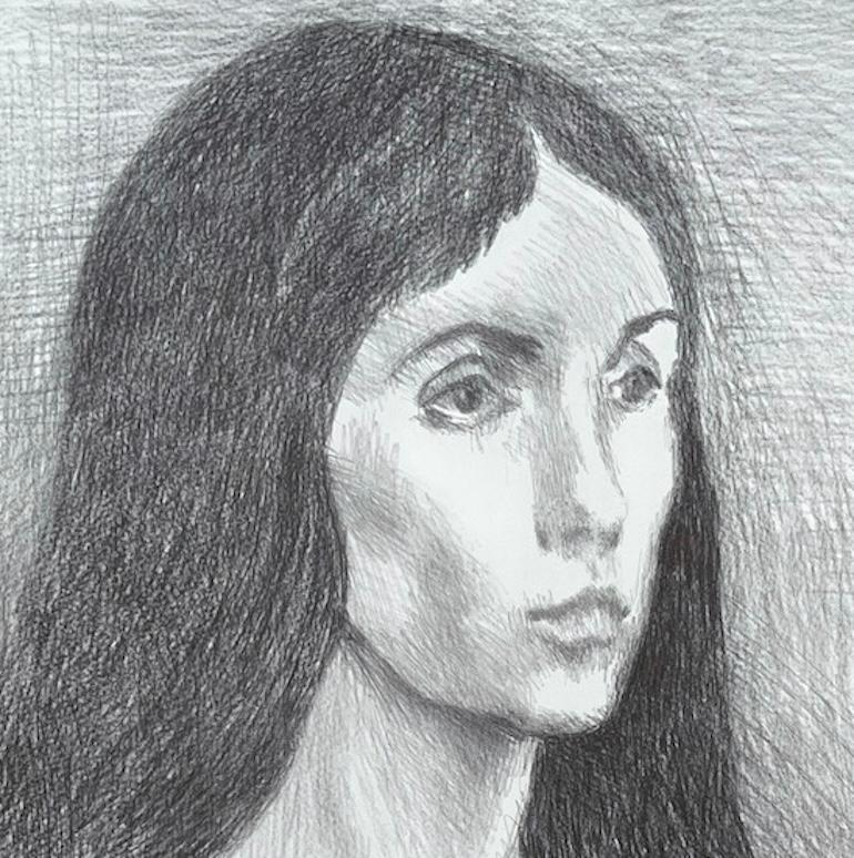 MUJER PELO LARGO OSCURO Litografía firmada, Retrato femenino, Camiseta de cuello de pico, Realismo - Print Realista de Raphael Soyer