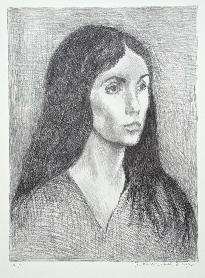 MUJER PELO LARGO OSCURO Litografía firmada, Retrato femenino, Camiseta de cuello de pico, Realismo en venta 3