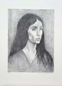 MUJER PELO LARGO OSCURO Litografía firmada, Retrato femenino, Camiseta de cuello de pico, Realismo