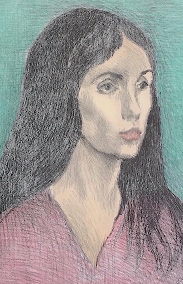 WOMAN LONG DARK HAIR Signierte Lithographie, Serious Young Woman, Rosa V-Ausschnitt (Realismus), Print, von Raphael Soyer