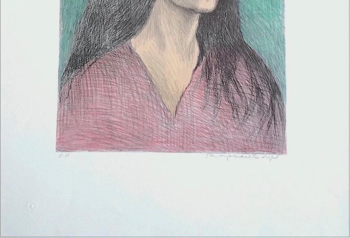 WOMAN LONG DARK HAIR Signierte Lithographie, Serious Young Woman, Rosa V-Ausschnitt im Angebot 2