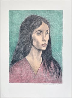 Raphael Soyer - MUJER PELO LARGO OSCURO Litografía firmada, Joven seria, cuello en V rosa MUJER PELO LARGO OSCURO Litografía firmada, Joven seria, cuello en V rosa