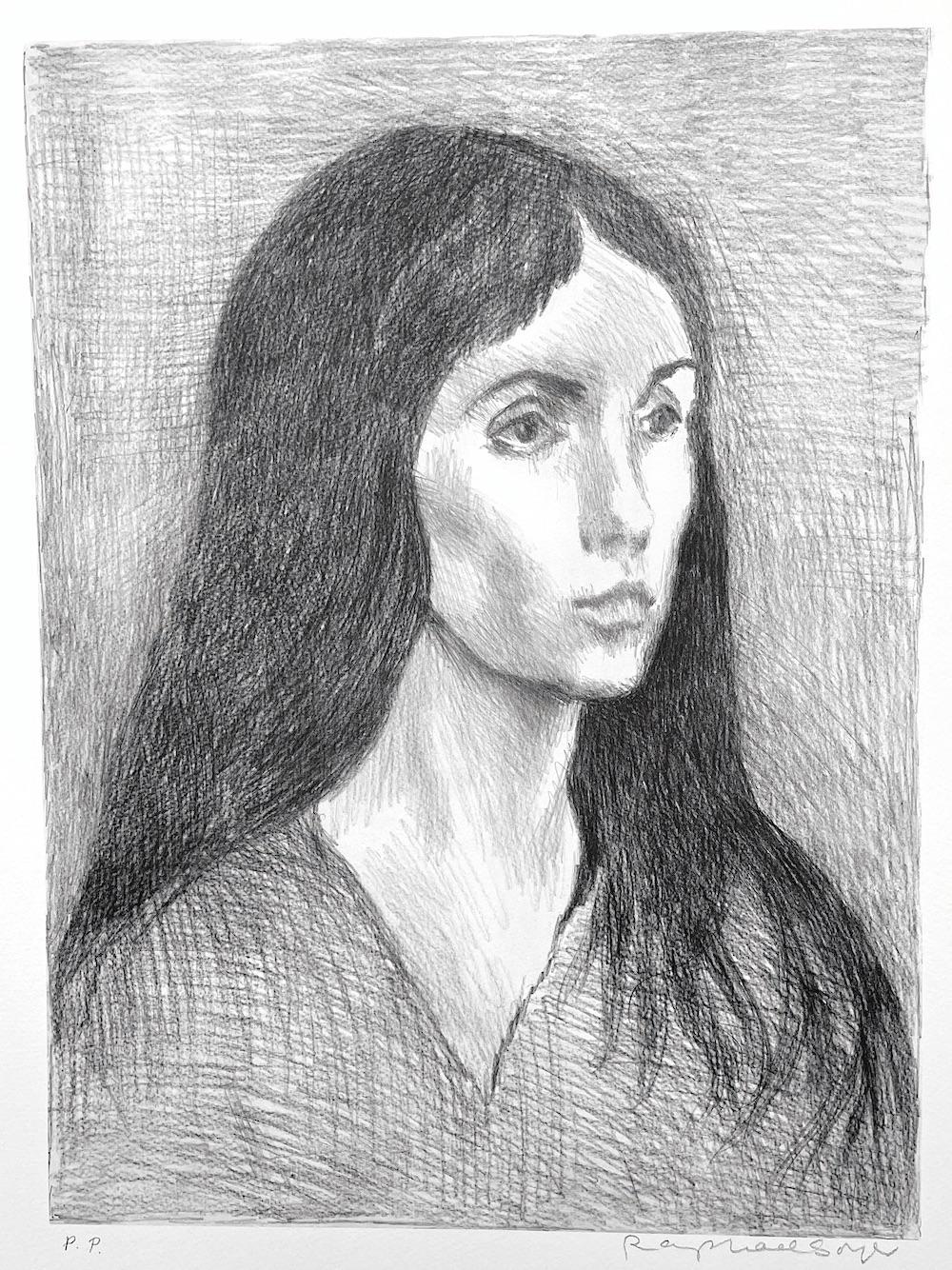 WOMAN LONG DARK HAIR Signed Lithograph, Female Portrait, V-Neck Top, Realism - Print by Raphael Soyer