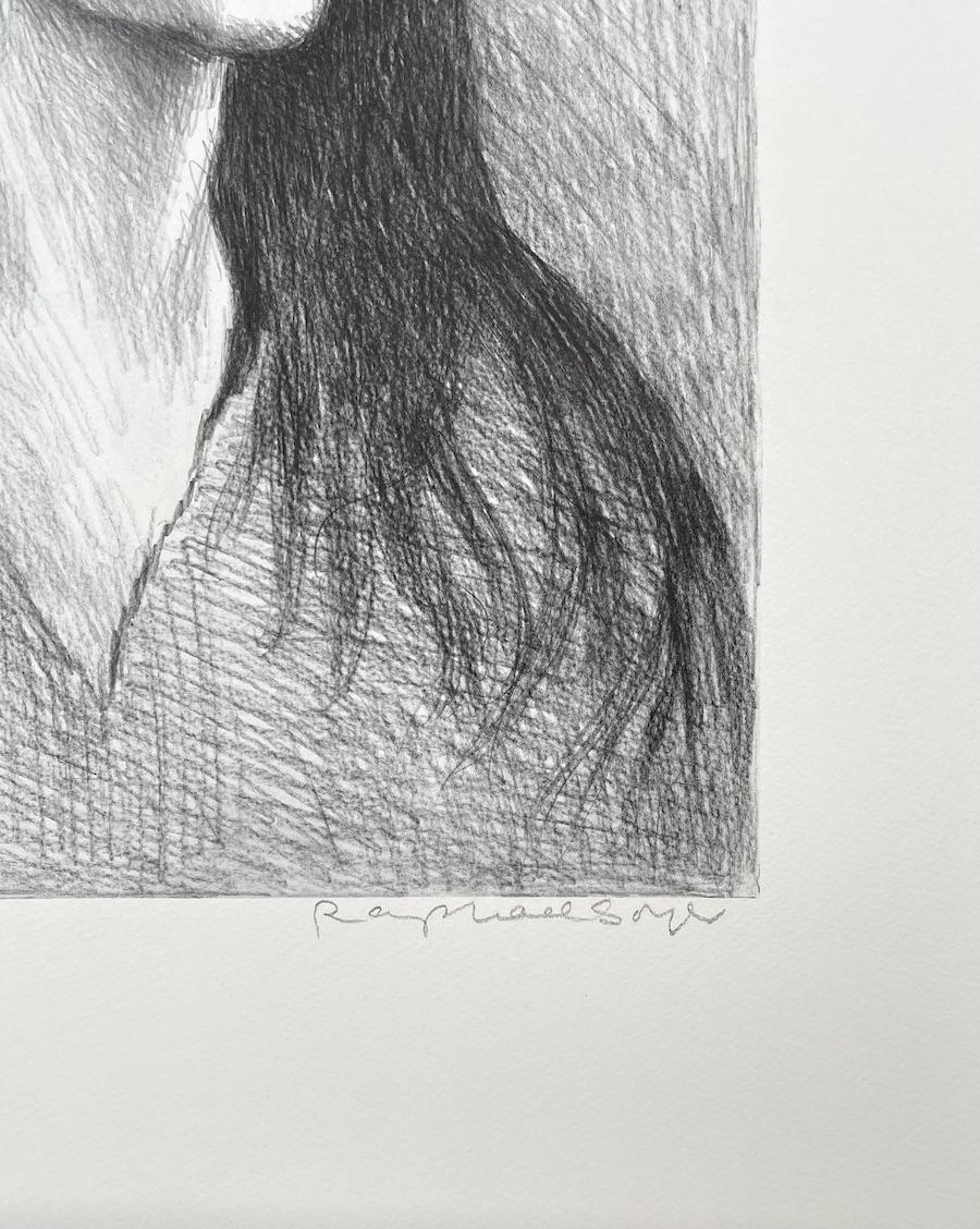 Lithographie signée pour femme longue chair foncée, portrait de femme, haut en V, réalisme - Gris Portrait Print par Raphael Soyer