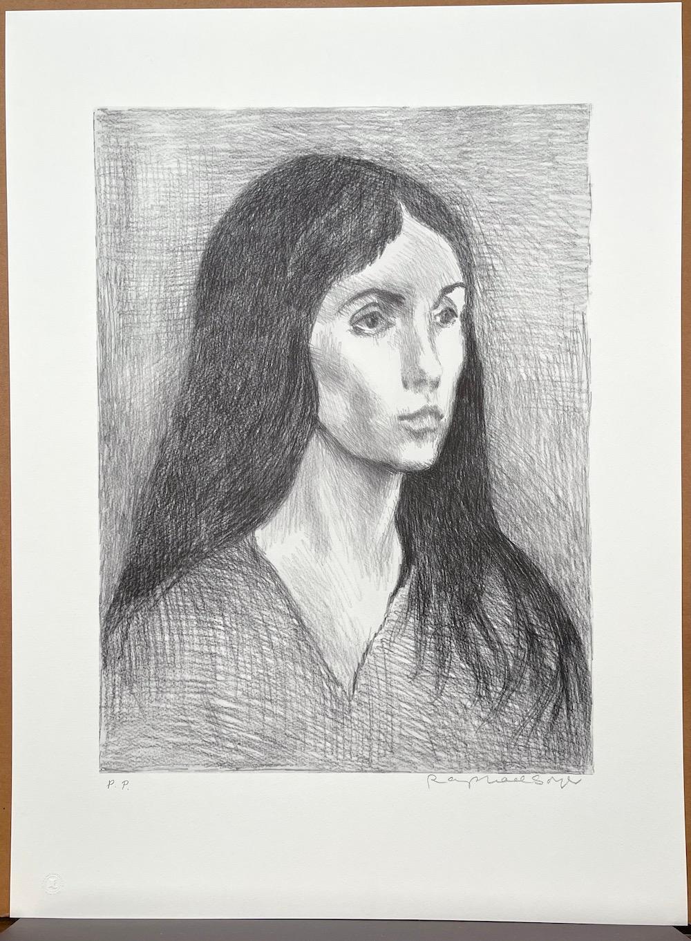 WOMAN LONG DARK HAIR est une lithographie originale dessinée à la main (non reproduite numériquement ou par photo) en édition limitée de l'artiste Raphael Soyer - Peintre russe/américain du réalisme social, 1899-1987. WOMAN LONG DARK HAIR a été