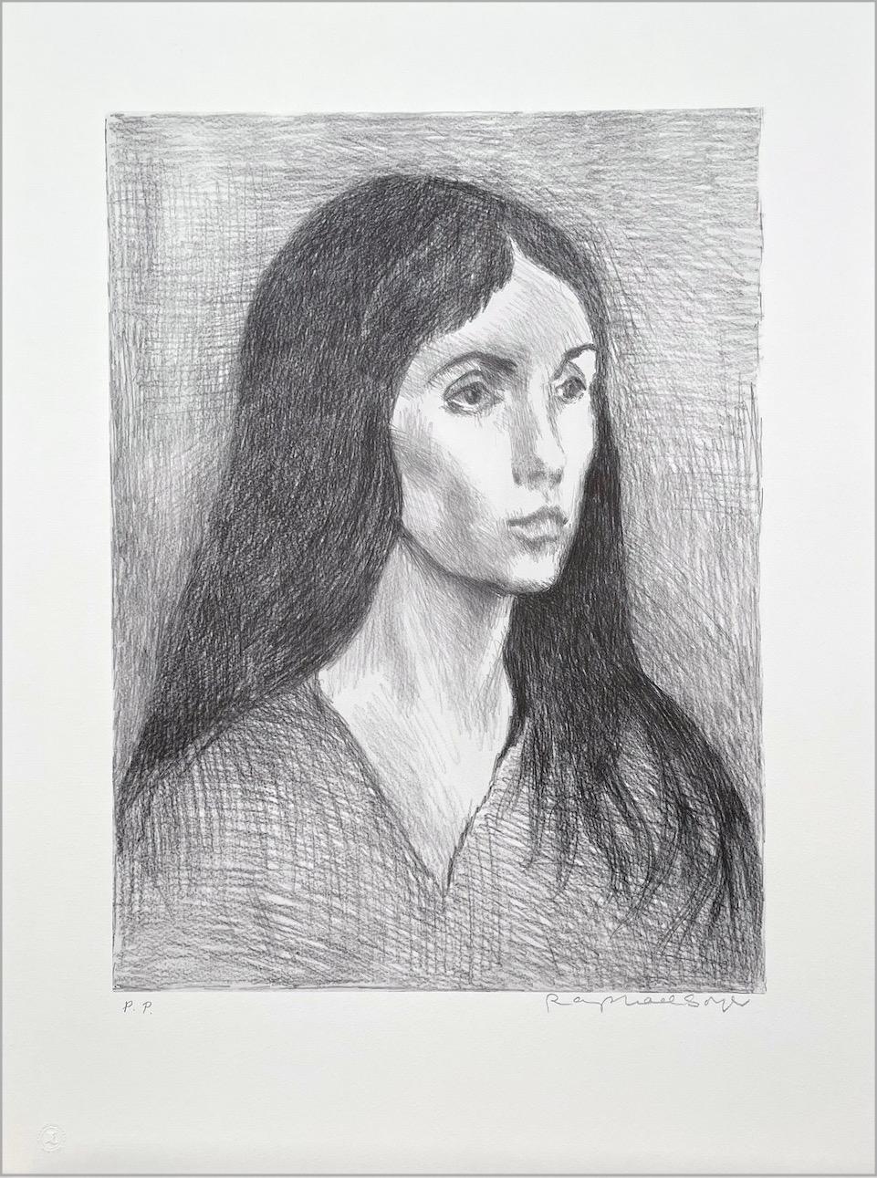 WOMAN LONG DARK HAIR Signed Lithograph, Female Portrait, V-Neck Top, Realism