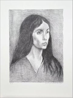 WOMAN LONG DARK HAIR Signed Lithograph, Young Woman Portrait, Social Realism