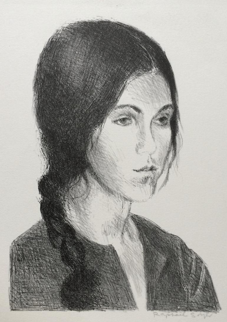 YOUNG WOMAN BRAIDED HAIR, Signed Lithograph, B+W Portrait, Graphite Drawing - Print by Raphael Soyer