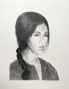 Lithographie signée « YOUNG WOMAN BRAIDED HAIR »:: portrait en B+W et dessin en graphite