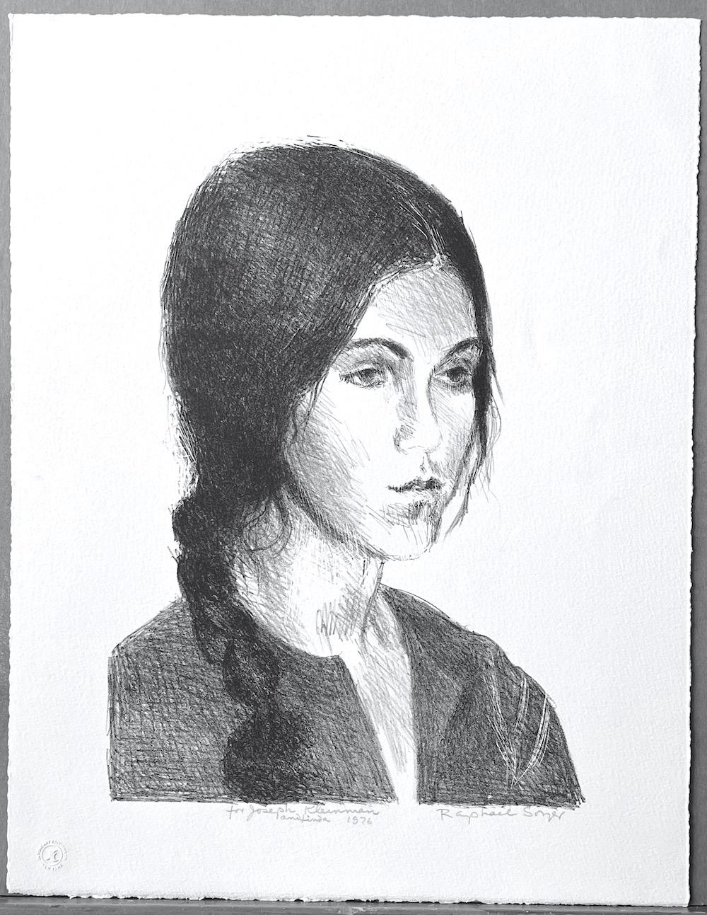 YOUNG WOMAN BRAIDED HAIR Signierte Steinlithographie Realistische weibliche Porträtzeichnung im Angebot 3