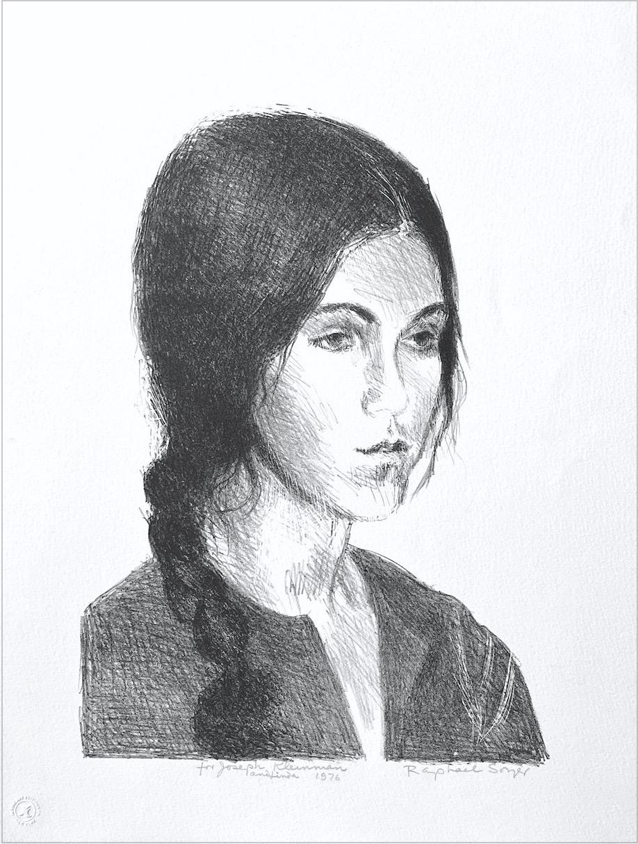 YOUNG WOMAN BRAIDED HAIR Signierte Lithographie, Moody Girl, Realistische Porträtzeichnung
