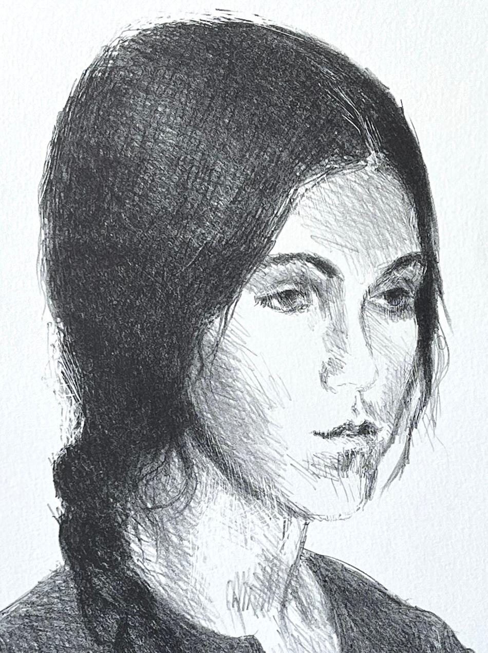 YOUNG WOMAN BRAIDED HAIR Signierte Steinlithographie Realistische weibliche Porträtzeichnung (Realismus), Print, von Raphael Soyer