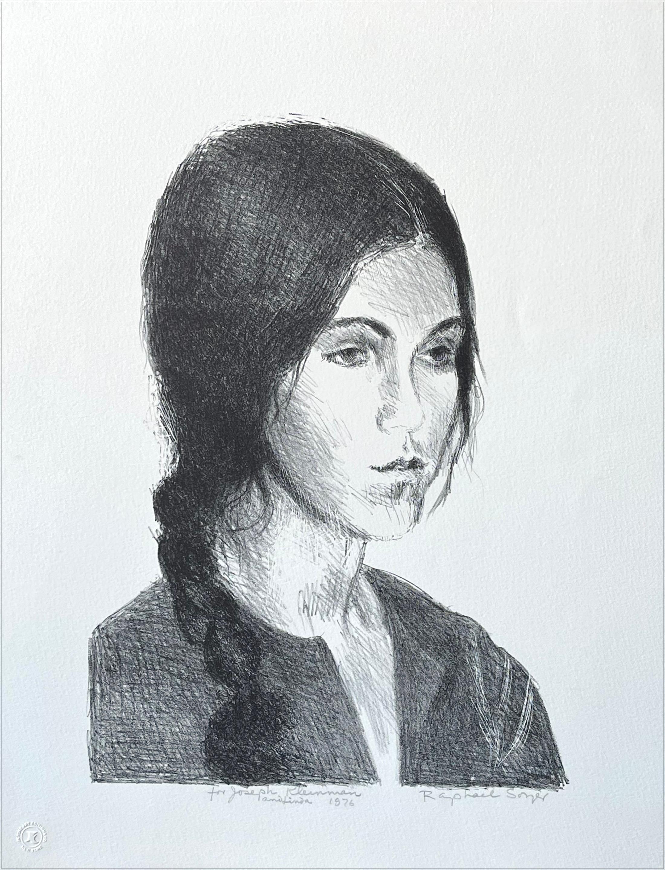 YOUNG WOMAN BRAIDED HAIR Signierte Steinlithographie Realistische weibliche Porträtzeichnung