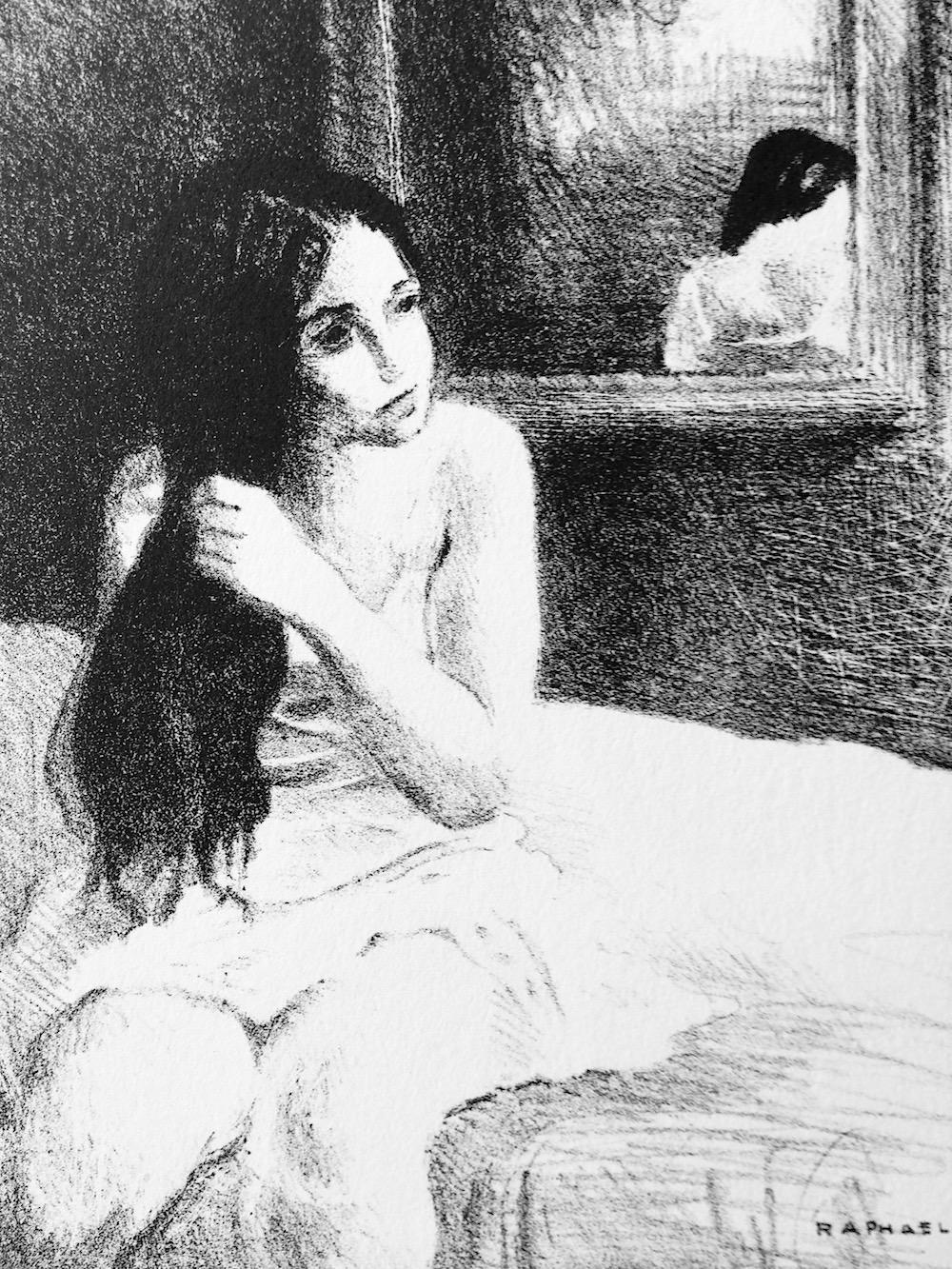 YOUNG WOMAN COMBING HER HAIR Hand Drawn Signed Lithograph, Interior Portrait - Print by Raphael Soyer