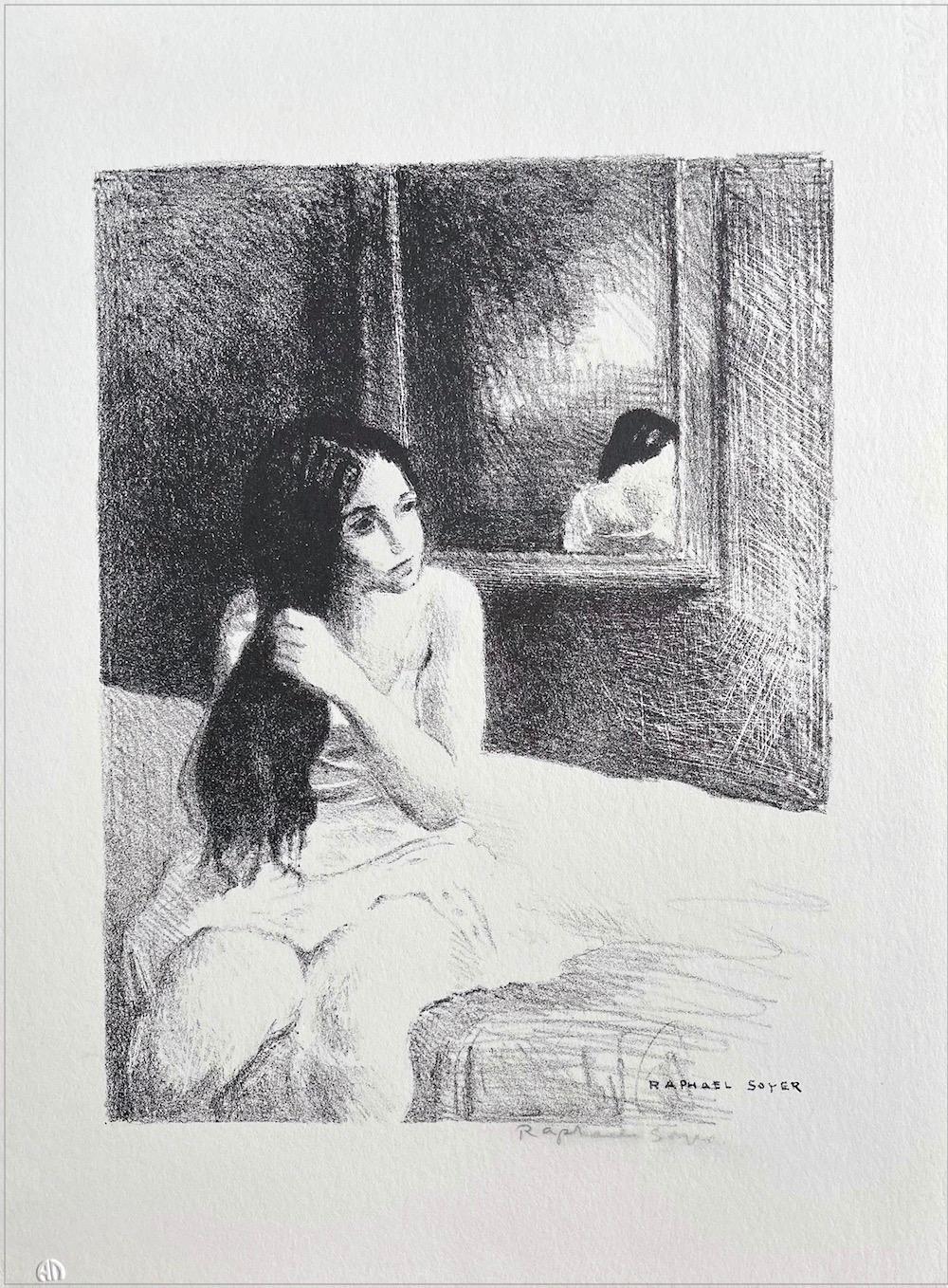 YOUNG WOMAN COMBING HER HAIR Handgezeichnete signierte Lithographie, Innenporträt – Print von Raphael Soyer