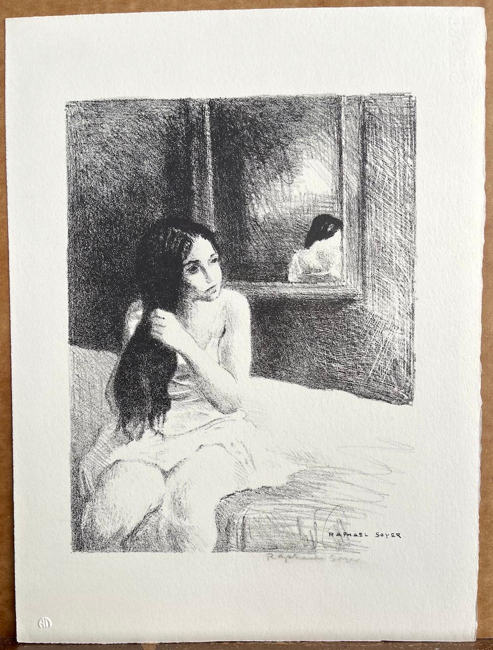YOUNG WOMAN COMBING HER HAIR is an original hand drawn (not digitally or photo reproduced) limited edition lithograph by the artist Raphael Soyer - Russian/American Social Realism Painter, 1899-1987. Printed using traditional hand lithography