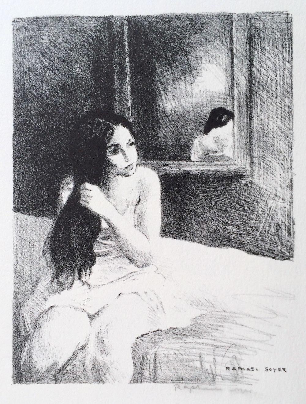 Raphael Soyer Interior Print - YOUNG WOMAN COMBING HER HAIR Hand Drawn Signed Lithograph, Interior Portrait