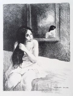 YOUNG WOMAN COMBING HER HAIR Hand Drawn Signed Lithograph, Interior Portrait