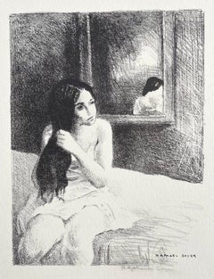 YOUNG WOMAN COMBING HER HAIR Hand Drawn Signed Lithograph, Interior Portrait