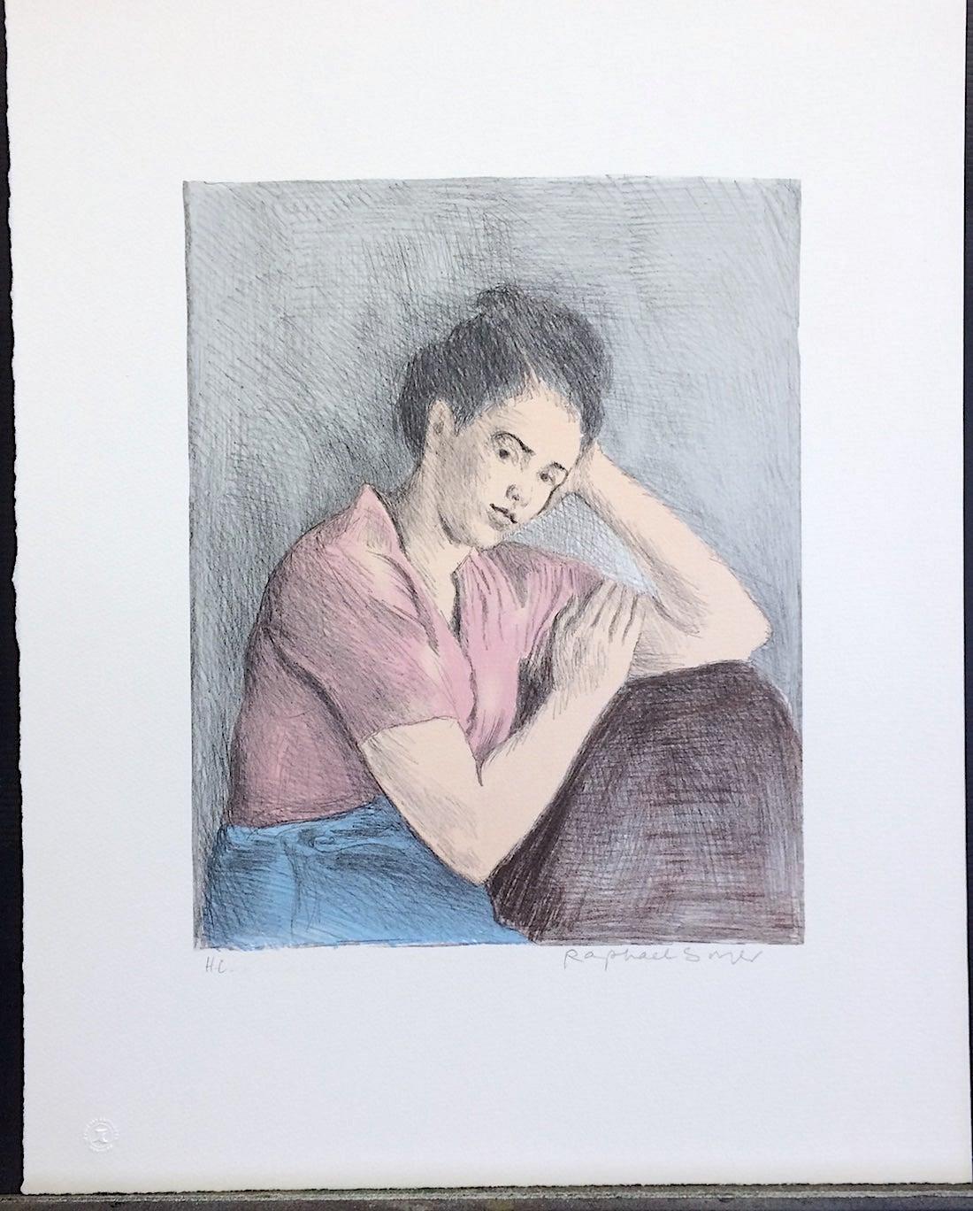 MUJER JOVEN BLOUSE ROSA Litografía firmada, Dibujo Retrato, Realismo Social - Portrait Print Gris de Raphael Soyer