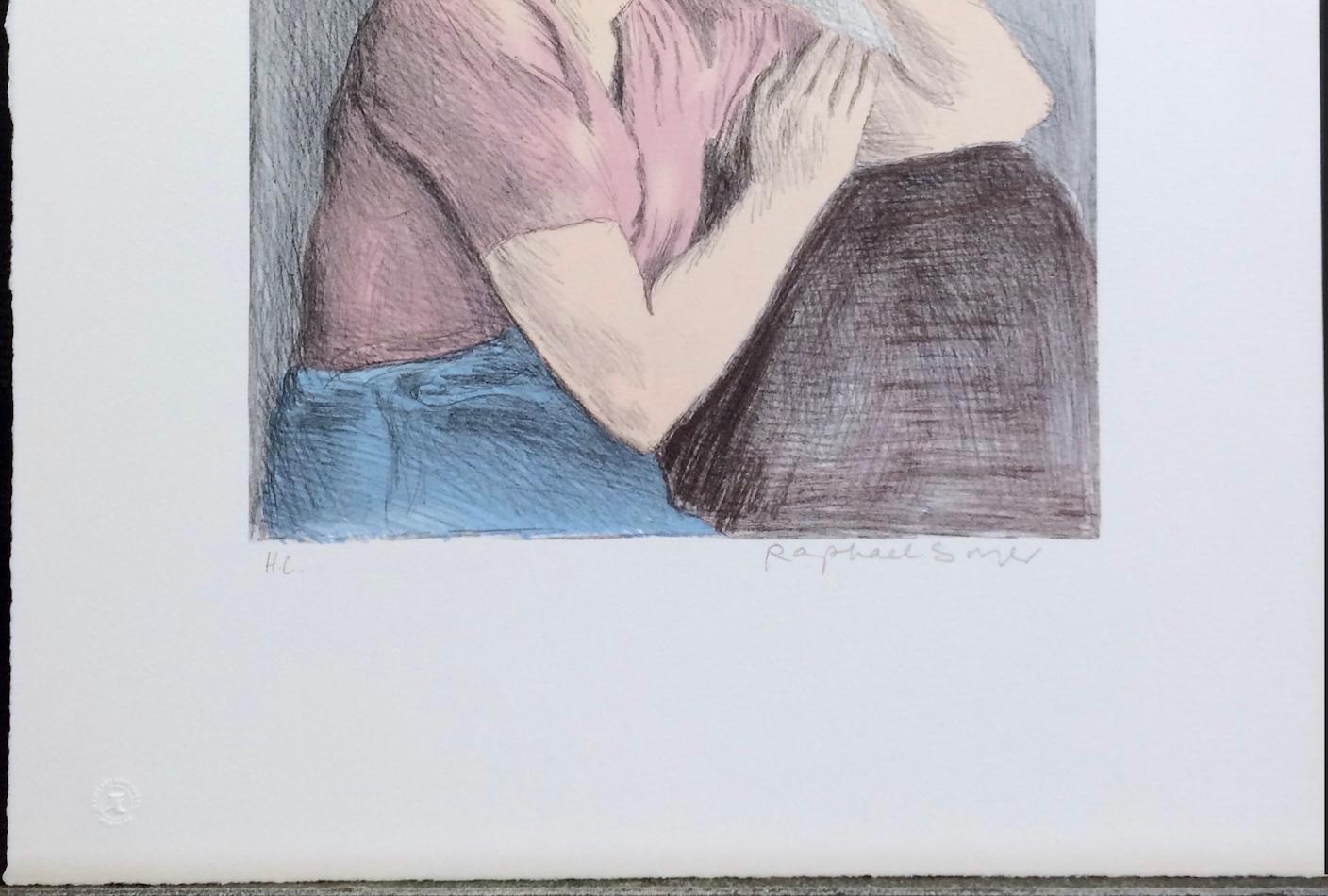MUJER JOVEN BLOUSE ROSA Litografía firmada, Dibujo Retrato, Realismo Social en venta 1