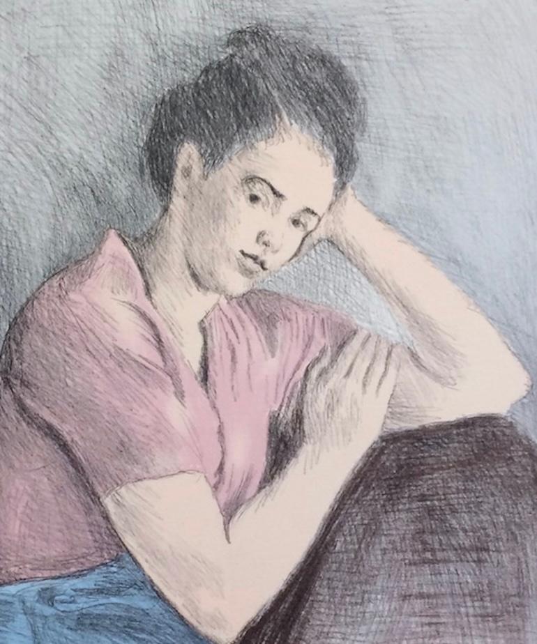 MUJER JOVEN BLOUSE ROSA Litografía firmada, Dibujo Retrato, Realismo Social en venta 2