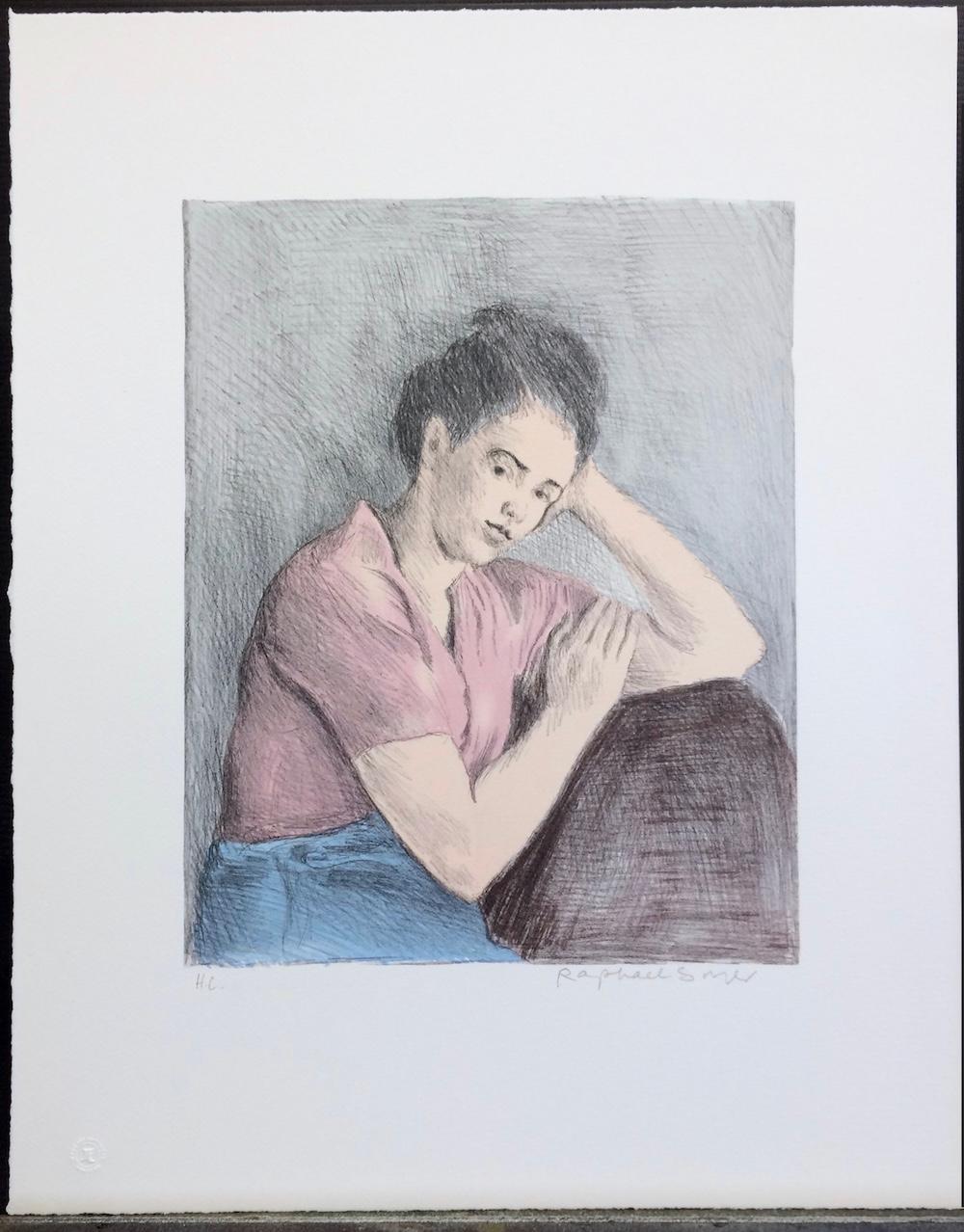 MUJER JOVEN BLOUSE ROSA Litografía firmada, Dibujo Retrato, Realismo Social en venta 3