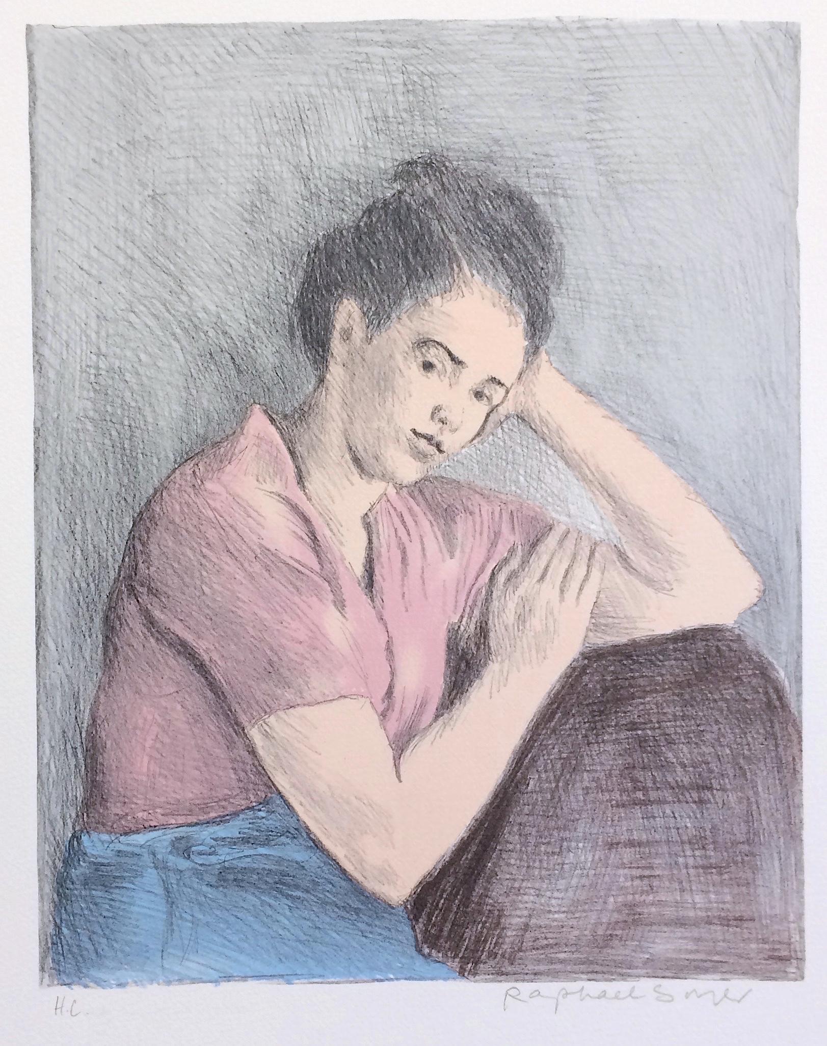 YOUNG WOMAN PINK BLOUSE Signed Lithograph, Portrait Drawing, Social Realism - Print by Raphael Soyer