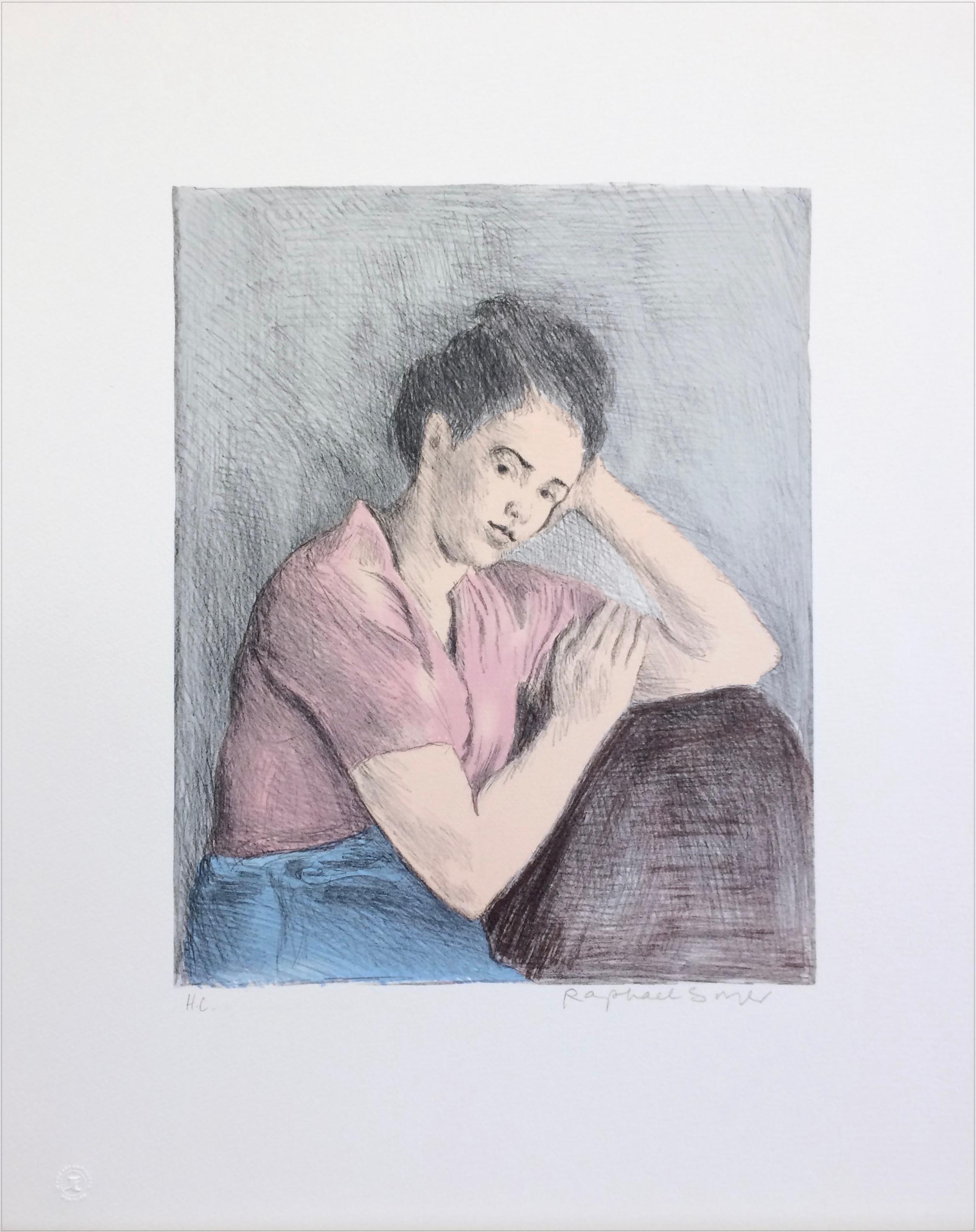 YOUNG WOMAN PINK BLOUSE Signierte Lithographie, Porträtzeichnung, Sozialrealismus