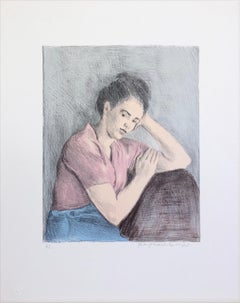 Giovane donna in blusa rosa, litografia firmata, disegno ritratto, realismo sociale