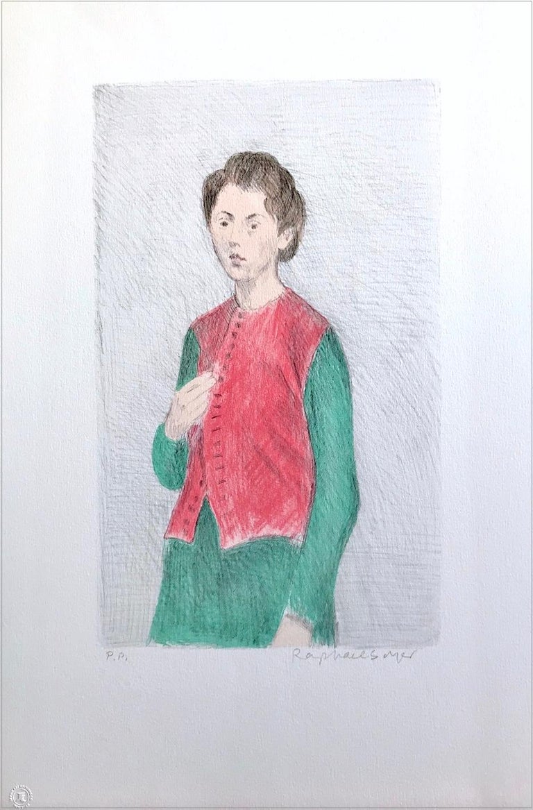 YOUNG WOMAN RED VEST Signed Lithograph Realist Portrait Long Sleeve Green Dress - Print by Raphael Soyer