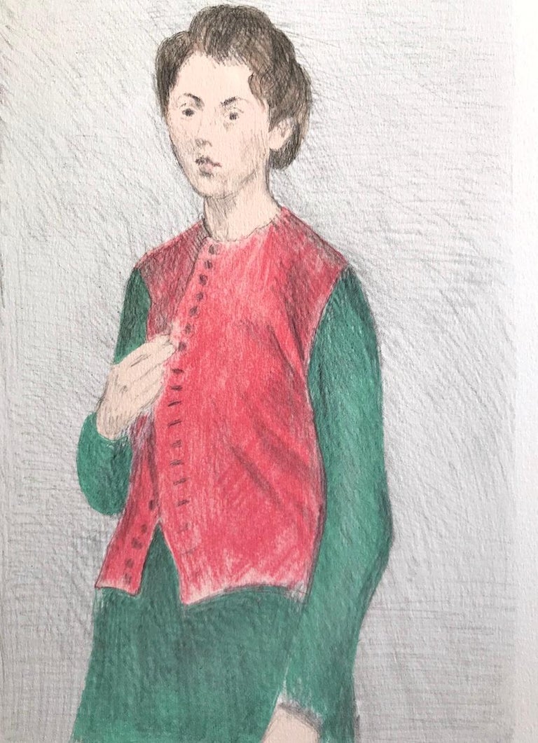 YOUNG WOMAN RED VEST Signed Lithograph Realist Portrait Long Sleeve Green Dress - Gray Portrait Print by Raphael Soyer