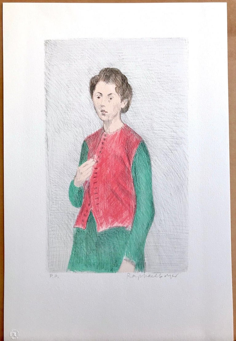 YOUNG WOMAN RED VEST Signed Lithograph Realist Portrait Long Sleeve Green Dress For Sale 2