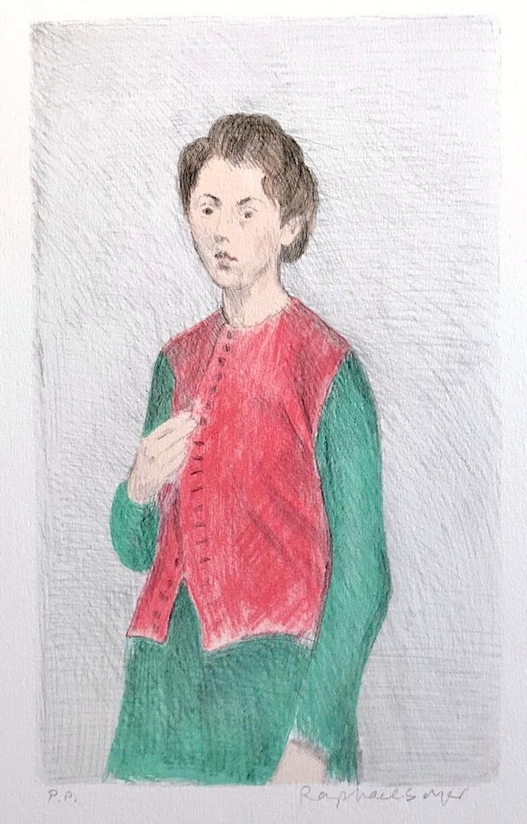 Raphael Soyer Portrait Print - YOUNG WOMAN RED VEST Signed Lithograph Realist Portrait Long Sleeve Green Dress