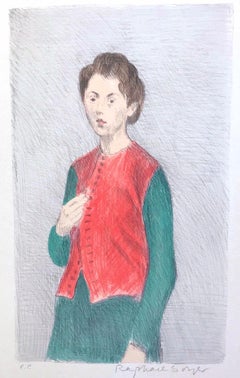 YOUNG WOMAN RED VEST Signed Lithograph Standing Woman, Green Long Sleeve Dress