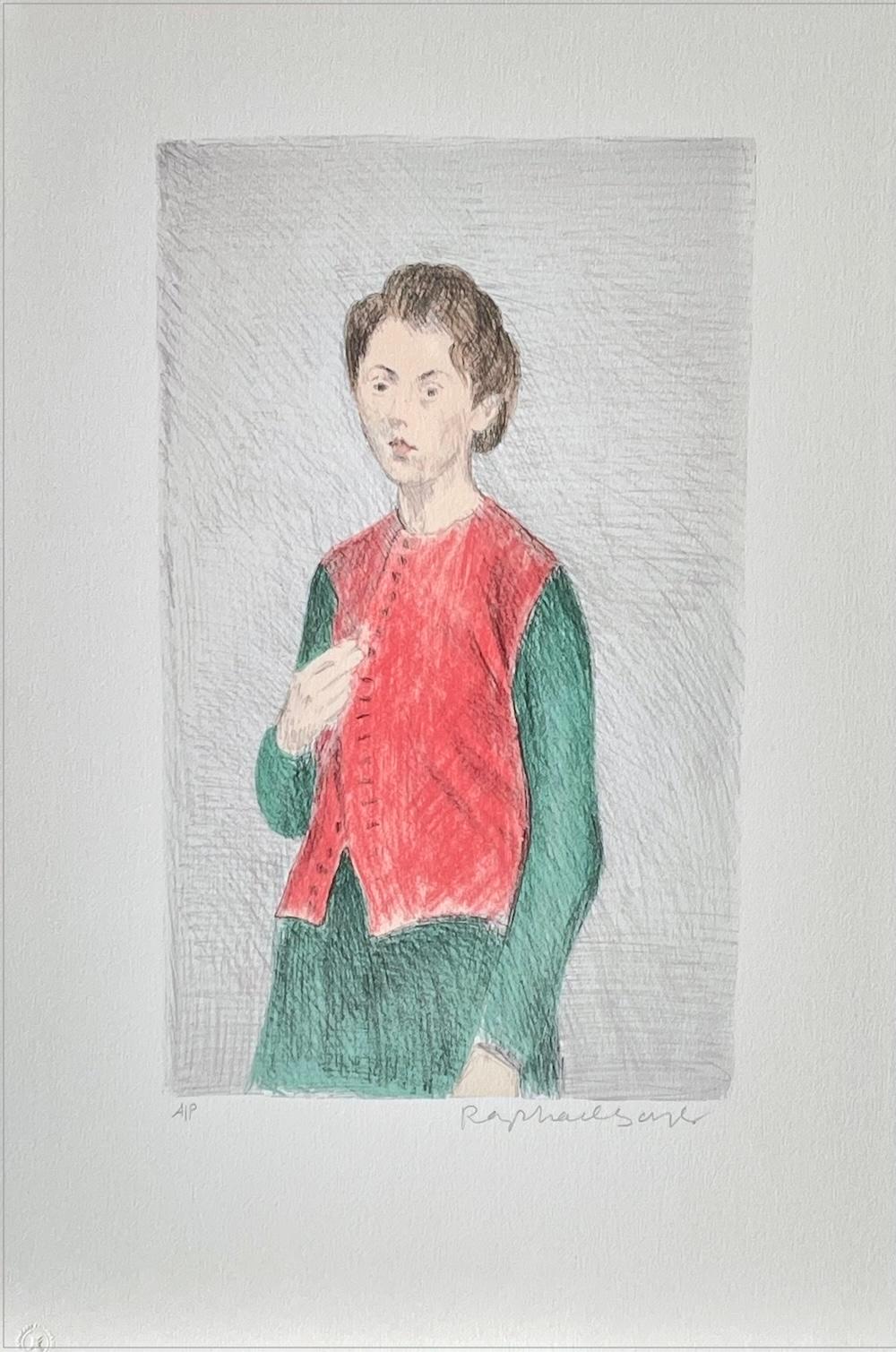 YOUNG WOMAN RED VEST Signed Lithograph, Standing Woman Hair Up, Green Dress - Print by Raphael Soyer