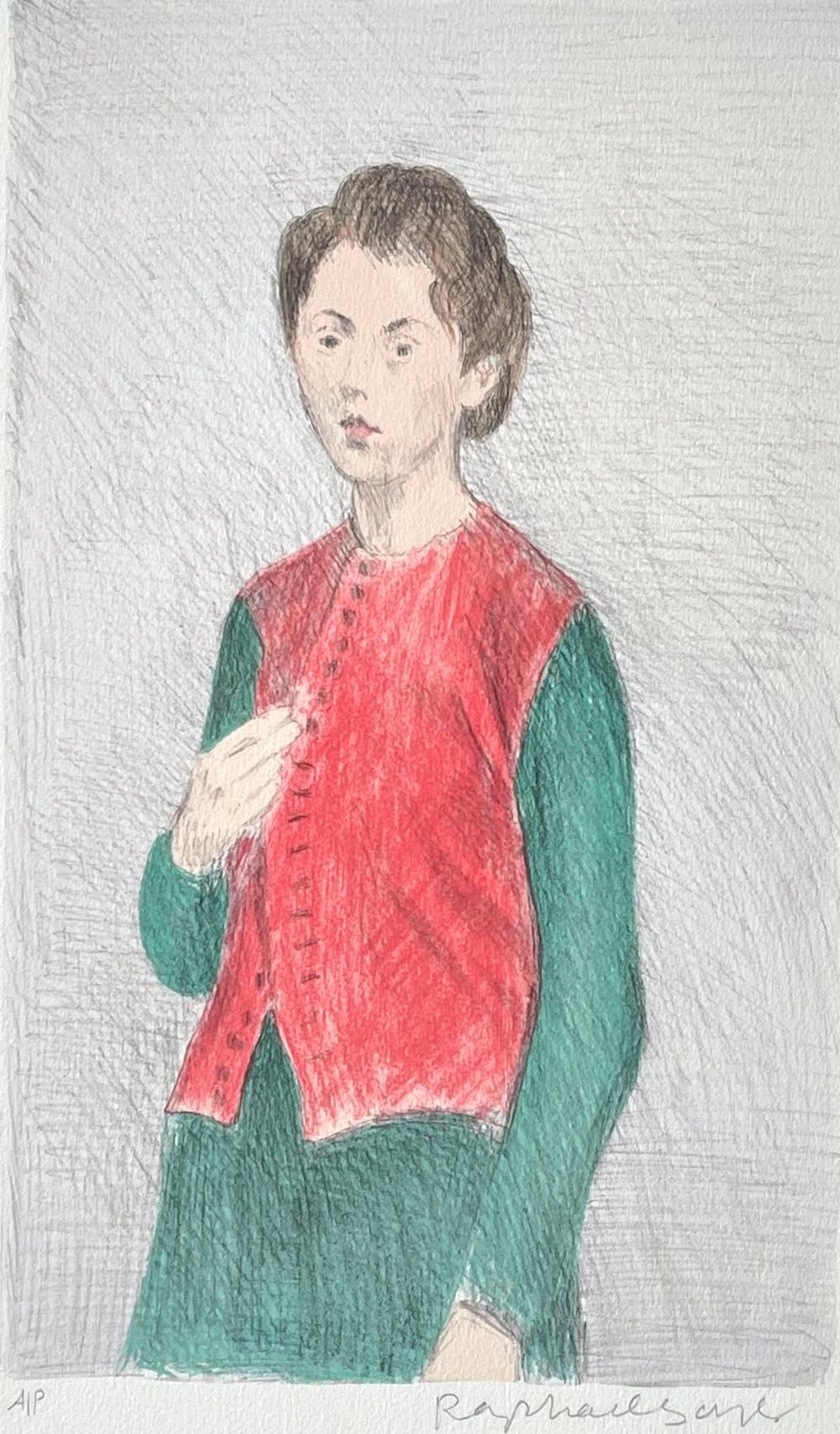 GIOVANE DONNA GILET ROSSO Litografia firmata, Donna in piedi con i capelli raccolti, vestito verde - Print Realismo di Raphael Soyer