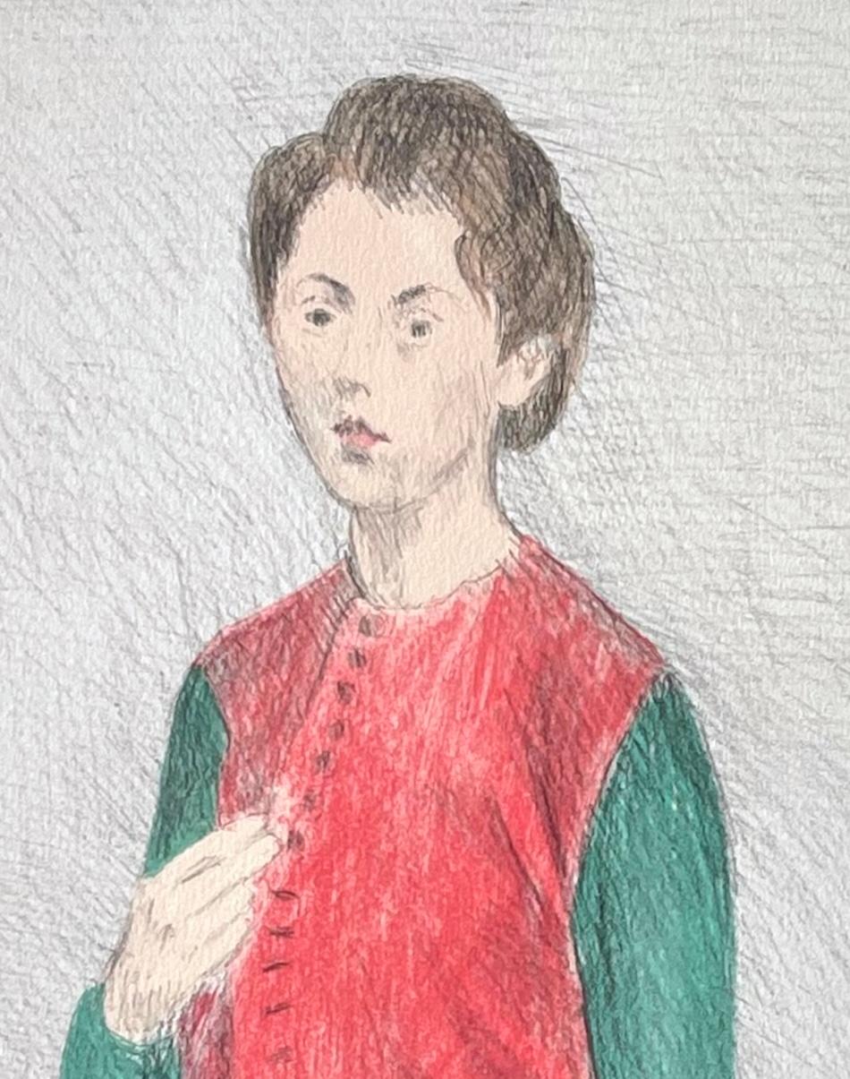 GIOVANE DONNA GILET ROSSO Litografia firmata, Donna in piedi con i capelli raccolti, vestito verde - Portrait Print Grigio di Raphael Soyer